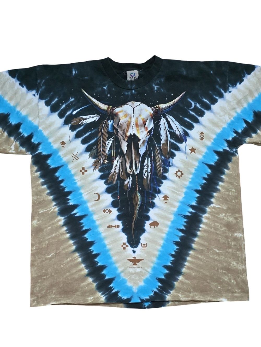 Vintage Liquid Blue Men’s XXL SINGLE STITCH Native American Bison Skull TEE AOP
